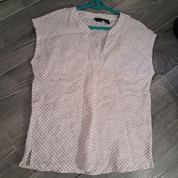 TAHARI 100% LINEN TOP V Neck short sleeve stripe coastal resort wear beachy SM - Picture 3 of 10
